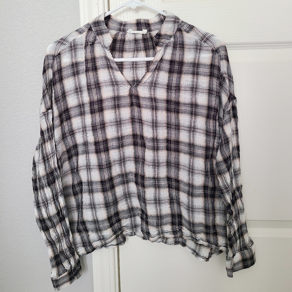 Lush Dolman Long Cuff Sleeves Plaid Stand Collar V-neck Top - Picture 2 of 5